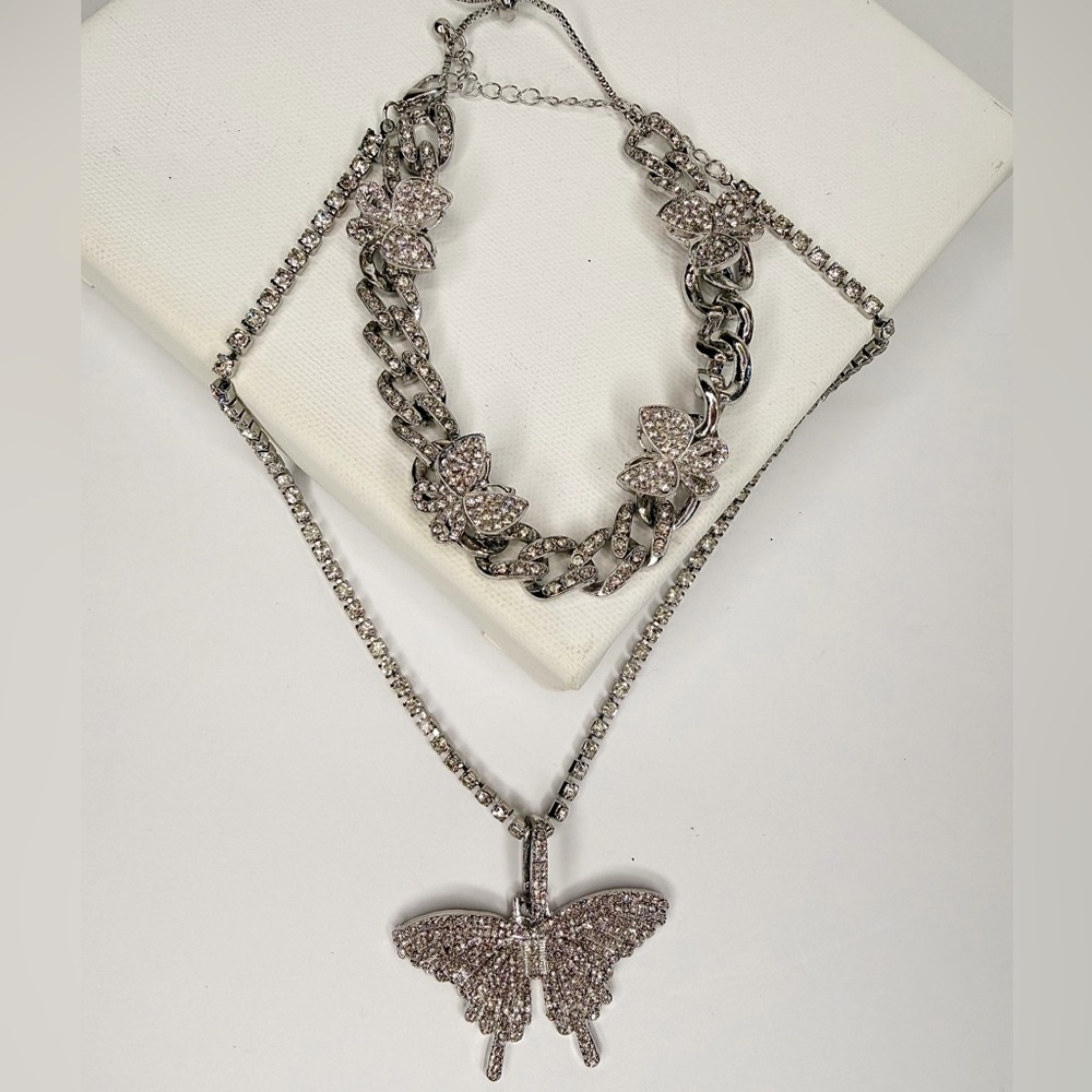 Silver Butterfly Pendant Necklace Chain Set
